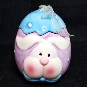 Ceramic Egg Shaped Easter Bunny Trinket Candy Jar Spring Decor Purple Blue W Lid